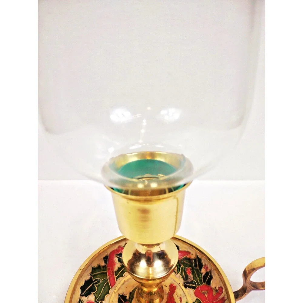 Vintage Brass Chamber Candlestick Holder Painted Enamel Holly Berry Glass Globe